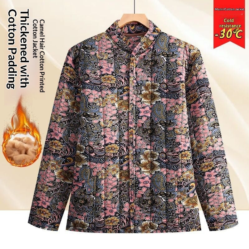 Middle Aged And Elderly Stand Collar Floral Cotton Padded Coat