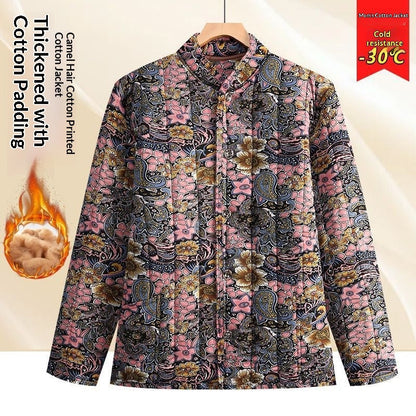 Middle Aged And Elderly Stand Collar Floral Cotton Padded Coat