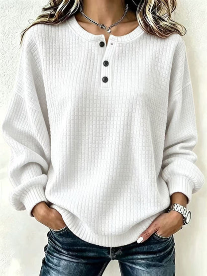 Womens Plaid Casual Loose-fit Crew-neck Long-sleeve Sweatshirt With Buttons