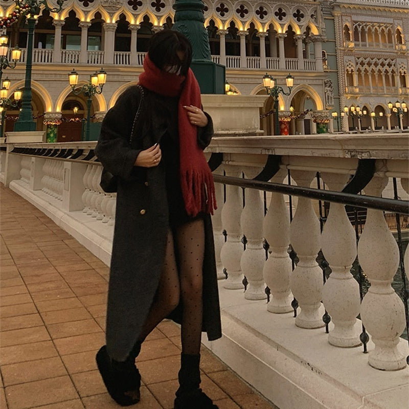 Stand-collar Design Double-breasted Coat Womens Large Lapel Long Loose-fit Wool Overcoat