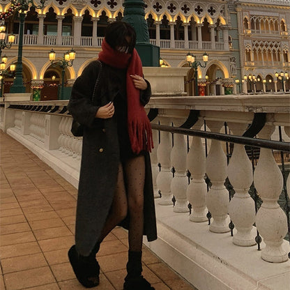 Stand-collar Design Double-breasted Coat Womens Large Lapel Long Loose-fit Wool Overcoat