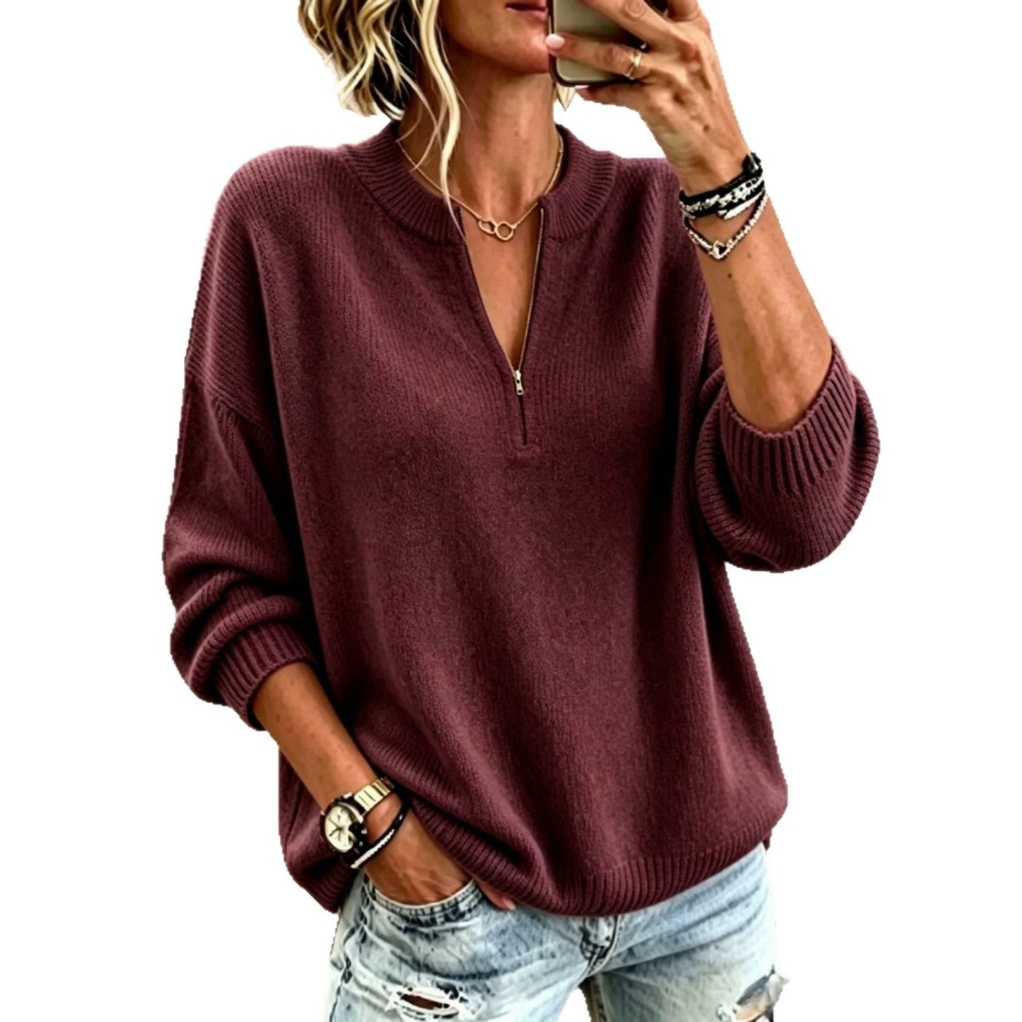 Korean-style Casual Stand-collar Half-zip Sweater For Women