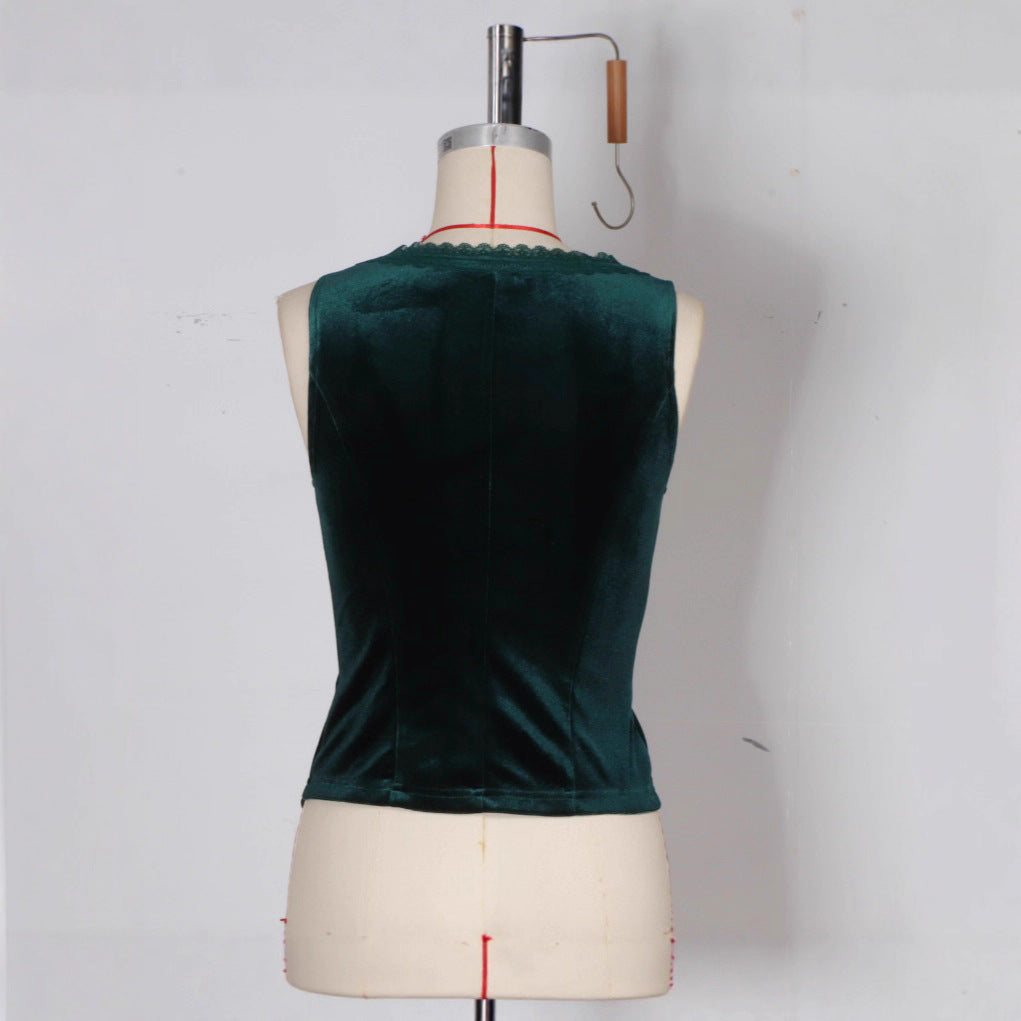 Fashionable Button-front Slim-fit V-neck Sexy Vest Lace Cardigan Petite Waistcoat