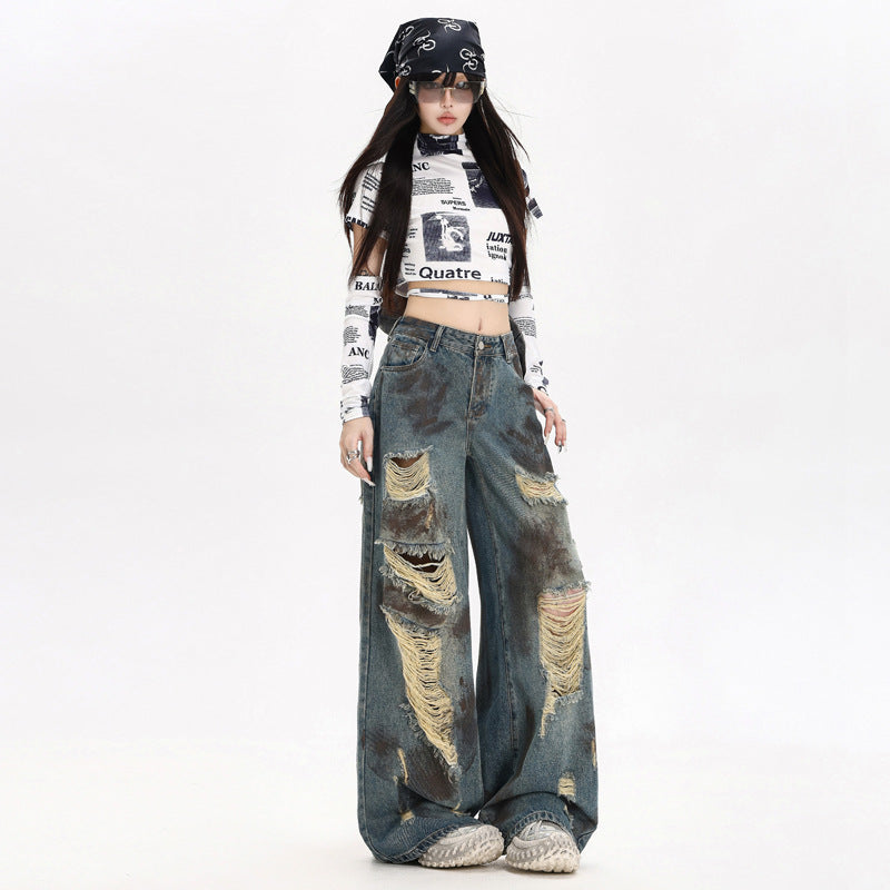 Womens American-style Distressed Wide-leg Jeans