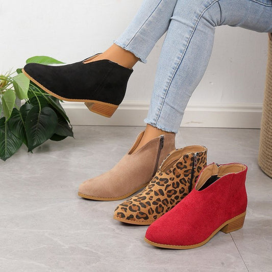 V Cut Chelsea Women's Chunky Heel Pointed Ankle Boots