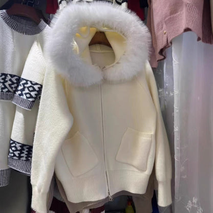 Thickened Hooded Large Fur Collar Knitted Women's Clothing Loose Casual Sweater