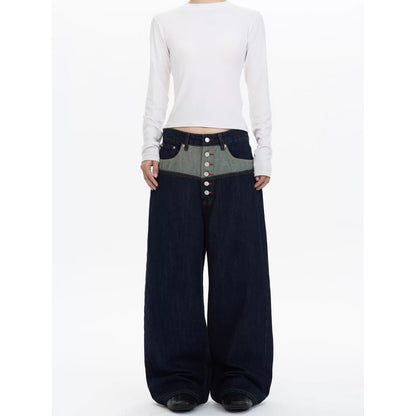 Draped Cut Wide-leg Casual Relaxed Fit High-waisted Denim Jeans With A Button-fly