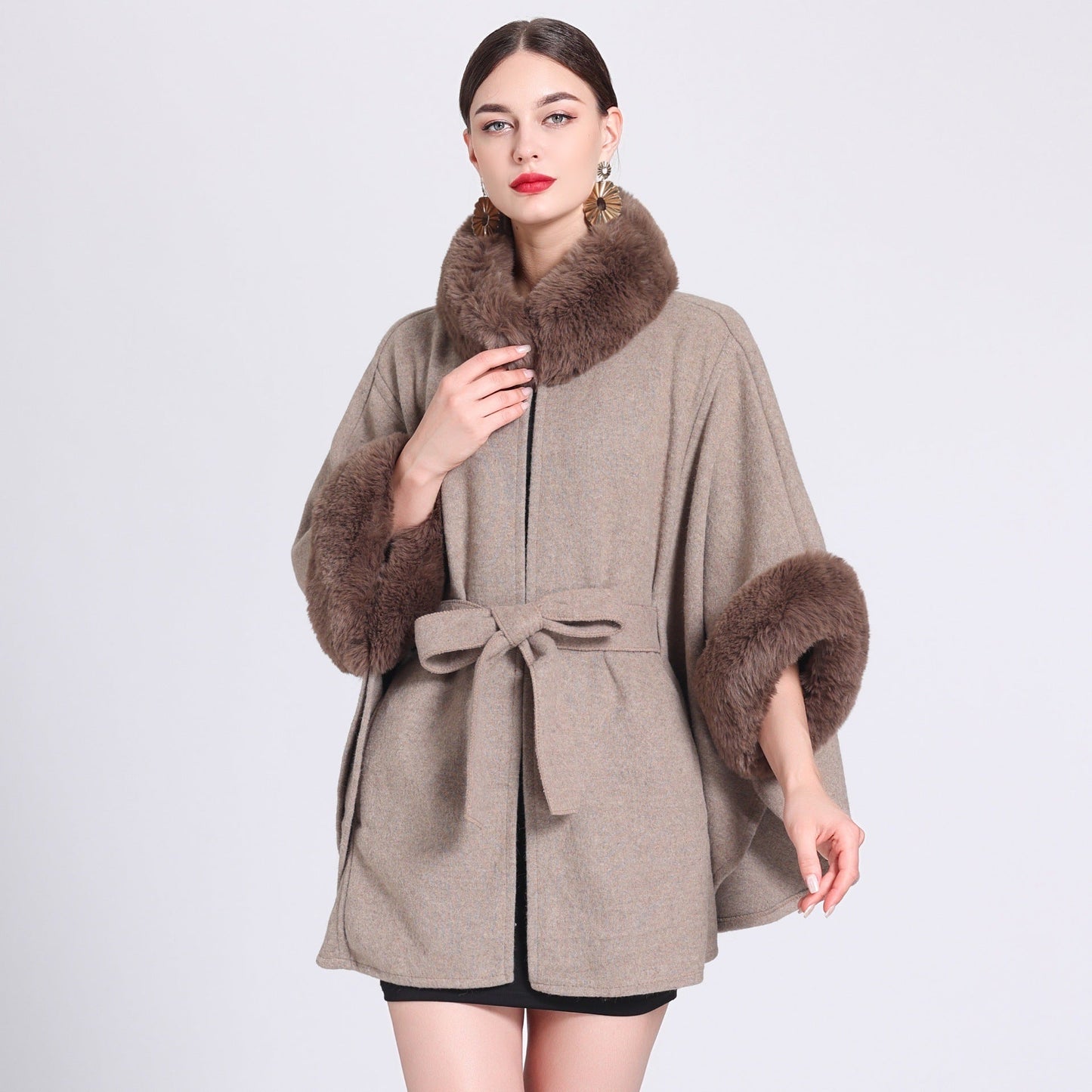 Fur Collar Tie Knitted Cape Women's Wool Plus Size Women's Clothing
