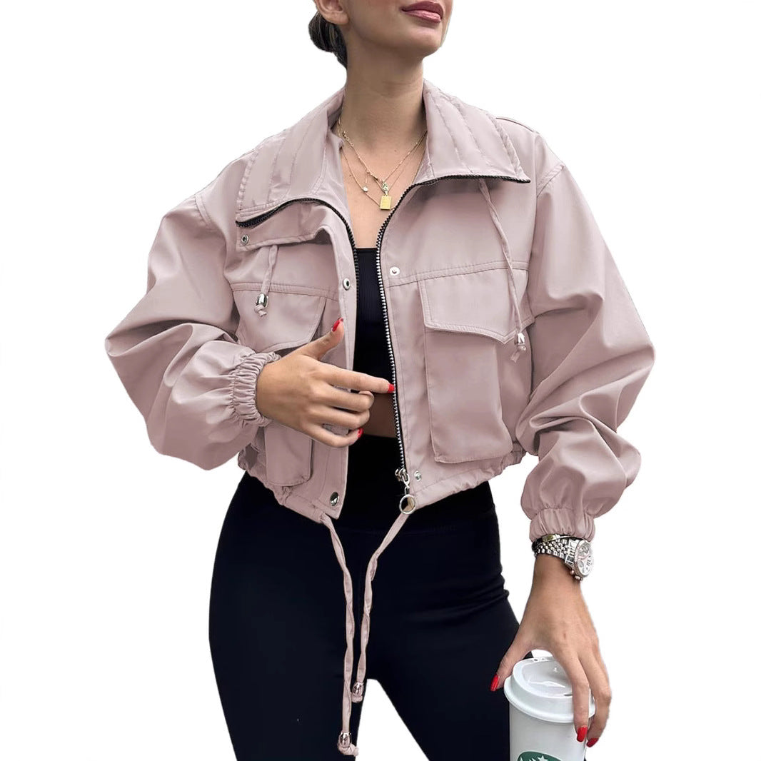 Cross-Border European And American Autum New Women's Pure Color Women's Short Jacket Zipper Windbreaker Jacket
