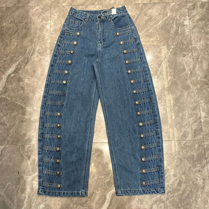 High-waisted Vintage Washed-blue Button-fly Straight-leg Jeans