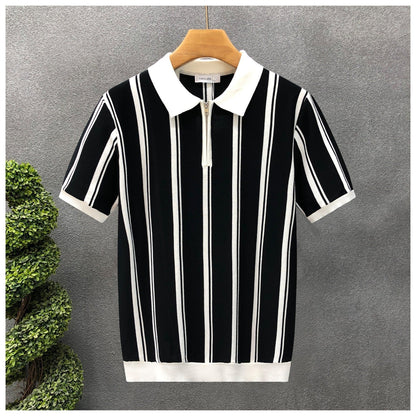 Mens Half-Zip Short-Sleeve Striped Polo Shirt