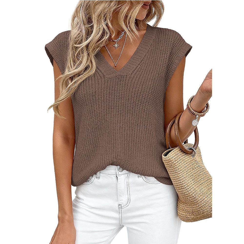 New Cross-Border European And American Women's Fashion Amazon Tk Hot-Selling Women's V-Neck Casual Top Short-Sleeve Chunky Knit Sweater