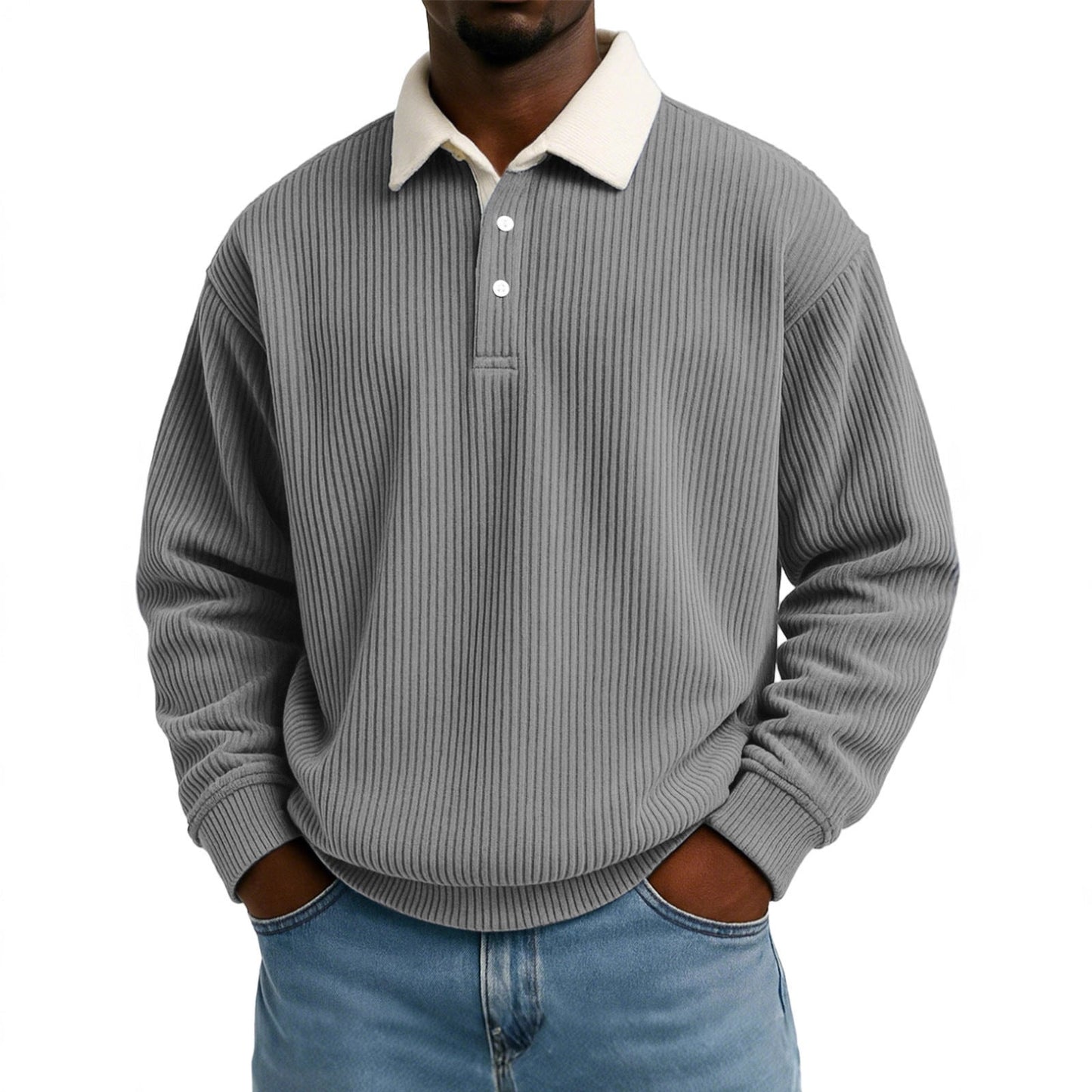 Mens Retro Color-block Corduroy Striped Casual Long-sleeve Shirt