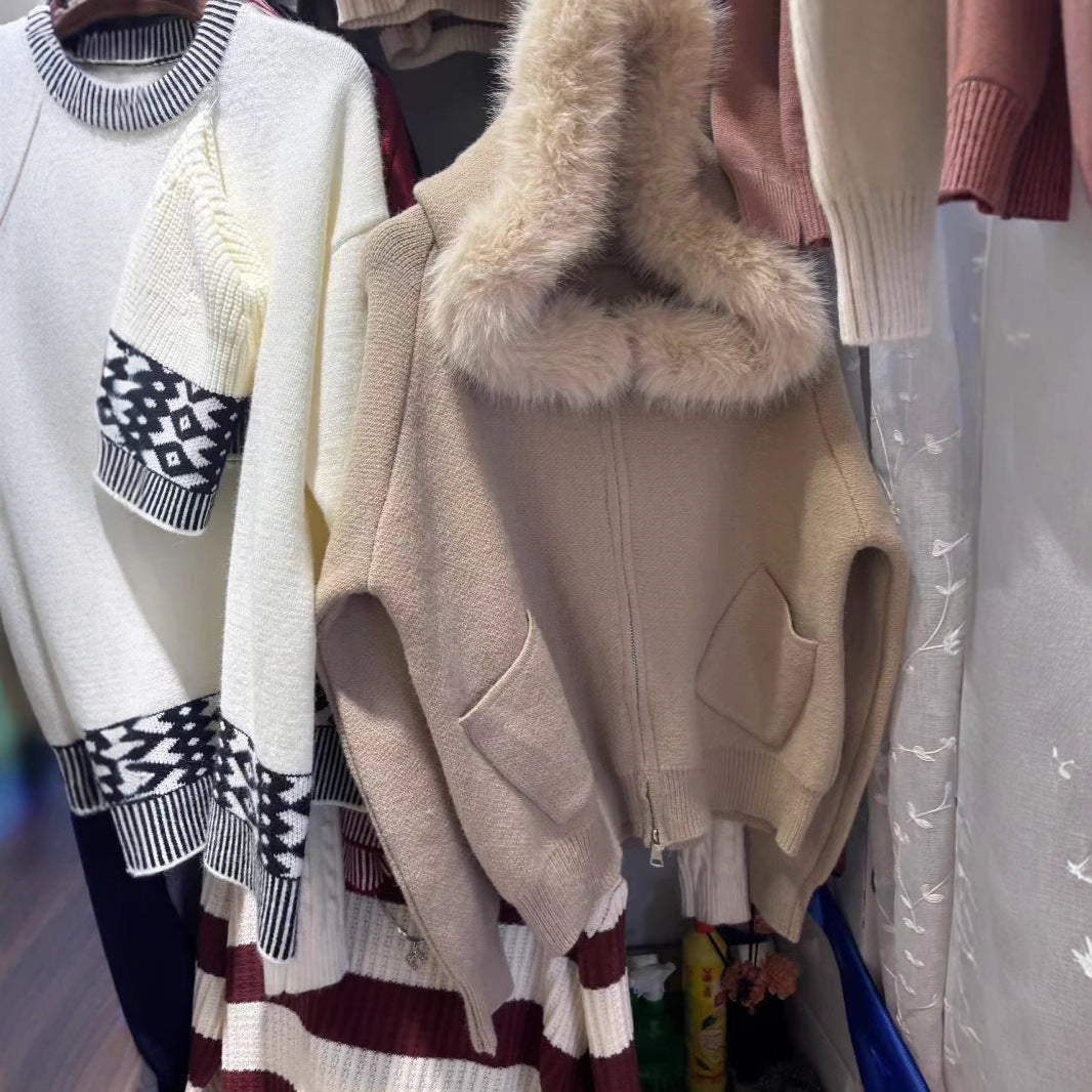 Thickened Hooded Large Fur Collar Knitted Women's Clothing Loose Casual Sweater