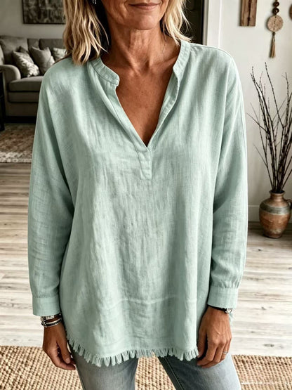 Women Solid Shirt Notch Collar V Neck Long Sleeve Tassel Fringe Hem Loose Casual Blouse Tops Spring Summer
