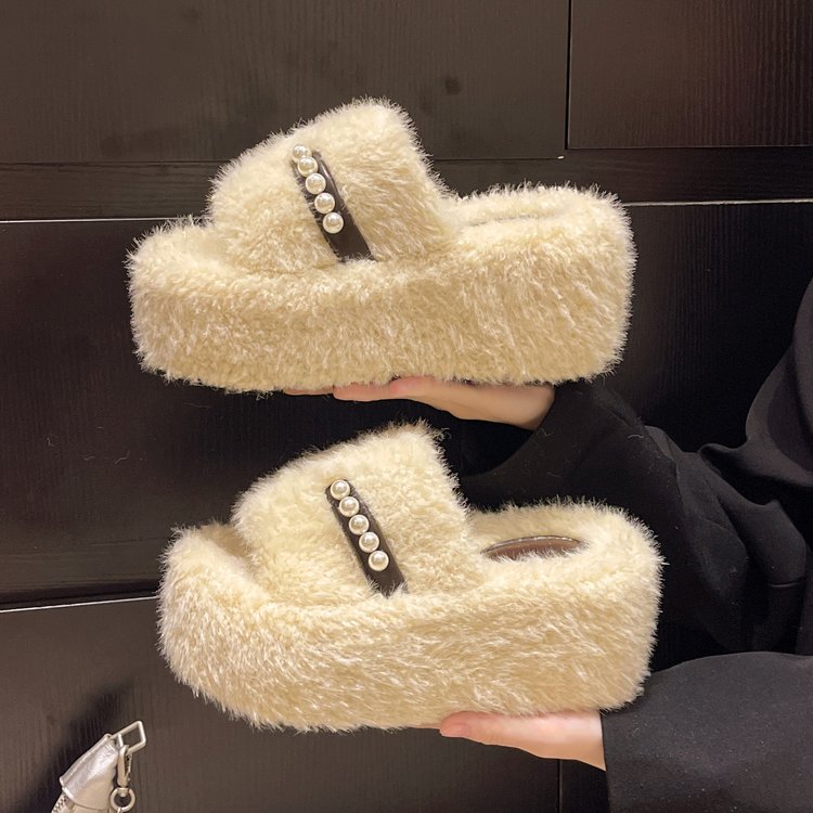 Women's Furry Slide Slippers, New Korean Style Outdoor Wear Pearl Platform Warm Cotton Slippers For Autumn Winter And Spring Summer