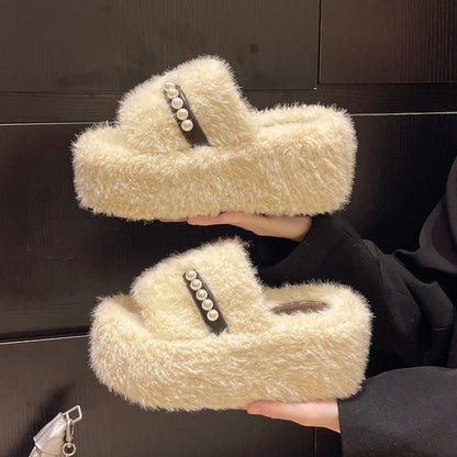 Women's Furry Slide Slippers, New Korean Style Outdoor Wear Pearl Platform Warm Cotton Slippers For Autumn Winter And Spring Summer