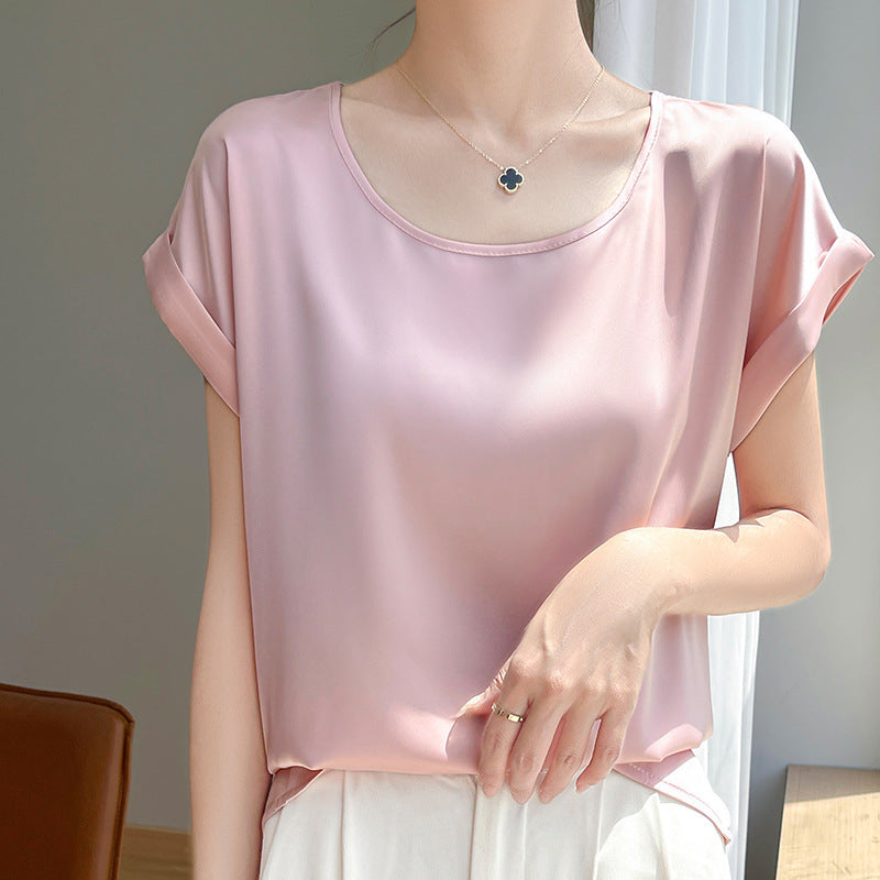 French-style Minimalist Chic Round-neck Short-sleeve Blouse For Women