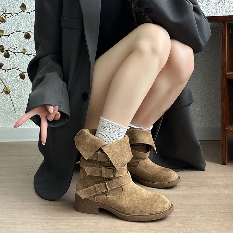 Retro Thick Soled High Rise Slimming Fashionable Lapel Thick Heel Midsole Boots