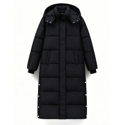 Black Long-length Hooded Thickened Cotton Coat For Women