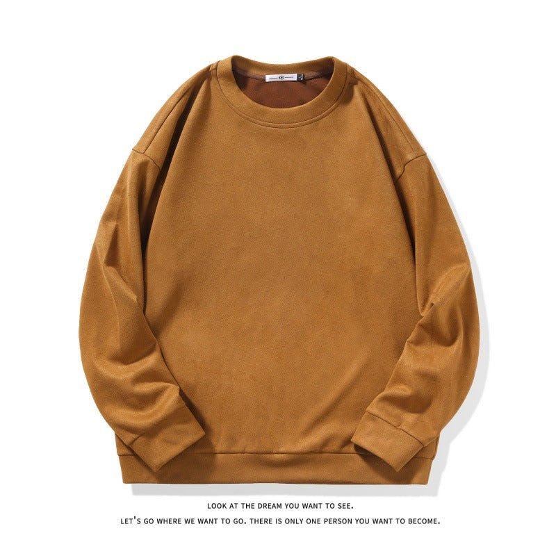 Mens Simple Suede-Brushed Pullover Crewneck Long-Sleeve Sweatshirt