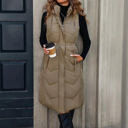 Women's Sleeveless Mid-length Hooded Vest Jacket Coat