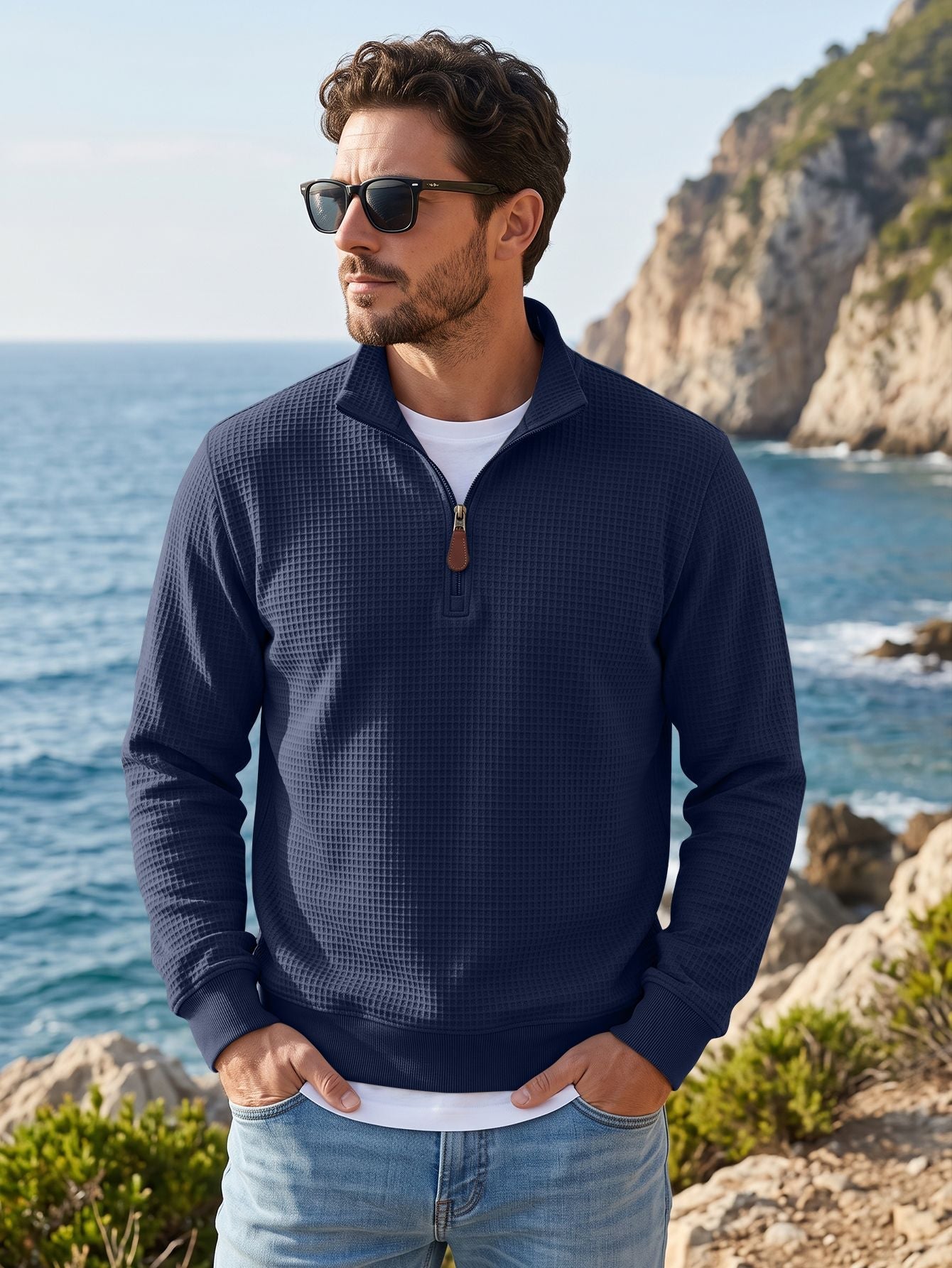 American-style Waffle Knit Half-Zip Stand Collar Men's Sweater, TK Foreign Trade Long Sleeve Pullover Casual Sweatshirt