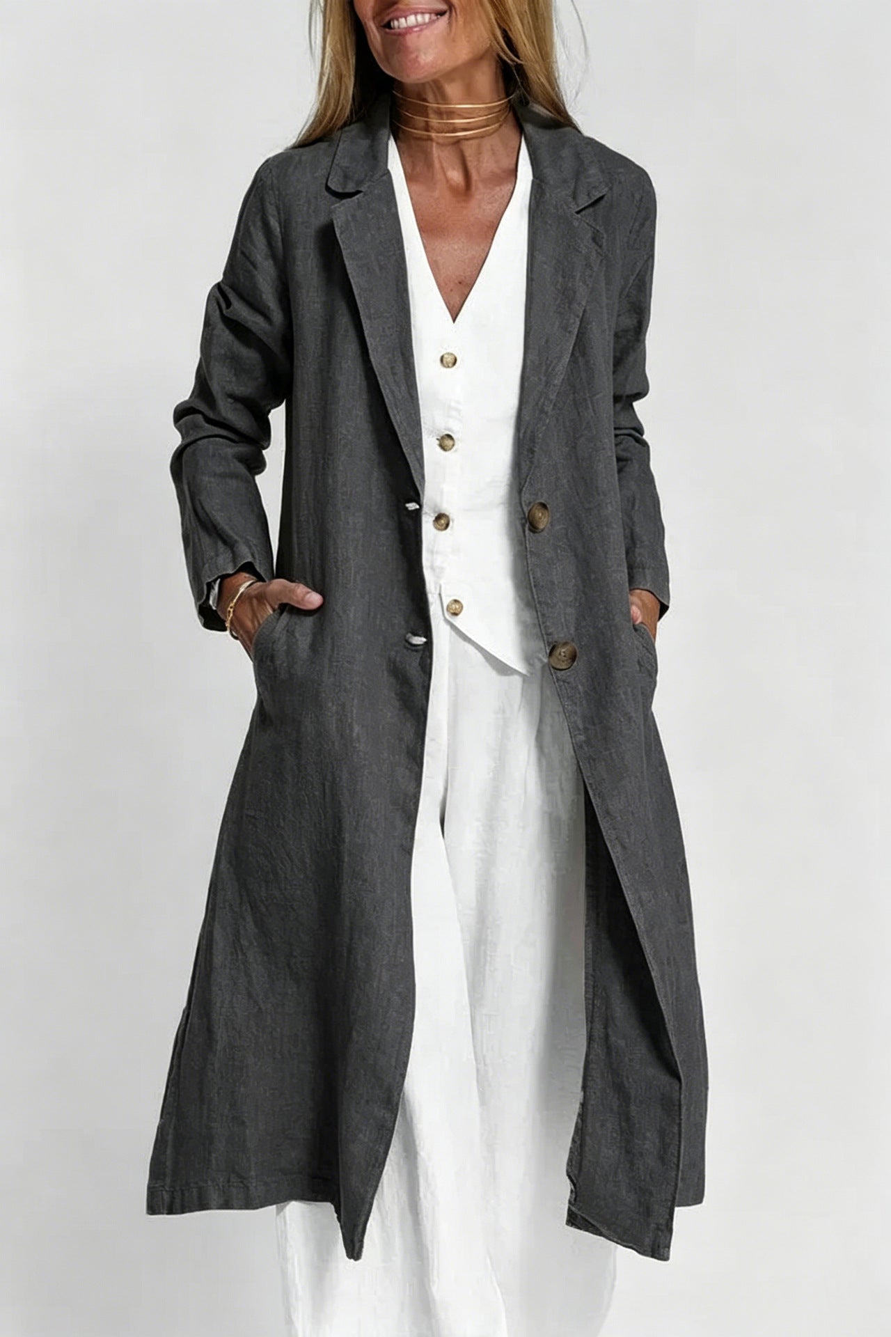 Long-sleeve Buttoned Cotton-linen Trench Coat With A Suit Collar