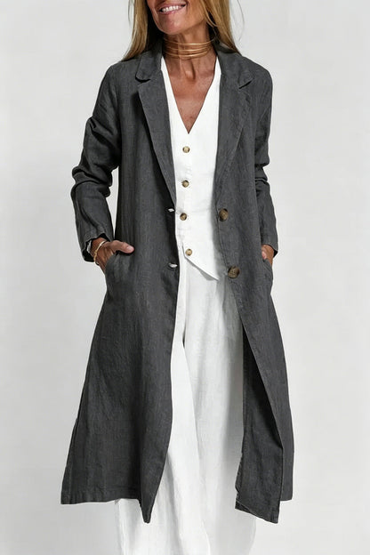 Long-sleeve Buttoned Cotton-linen Trench Coat With A Suit Collar