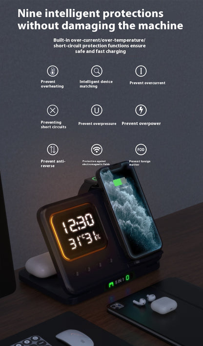 15W Wireless Chargers Stand 5 In1 LED Digital Alarm Clock Fast Charging Dock Station