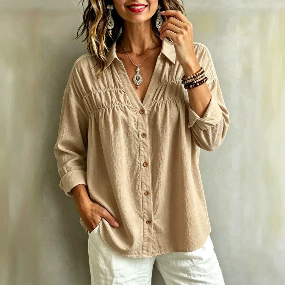 Loose-fit Casual Long-sleeve V-neck Womens Blouse With Buttons