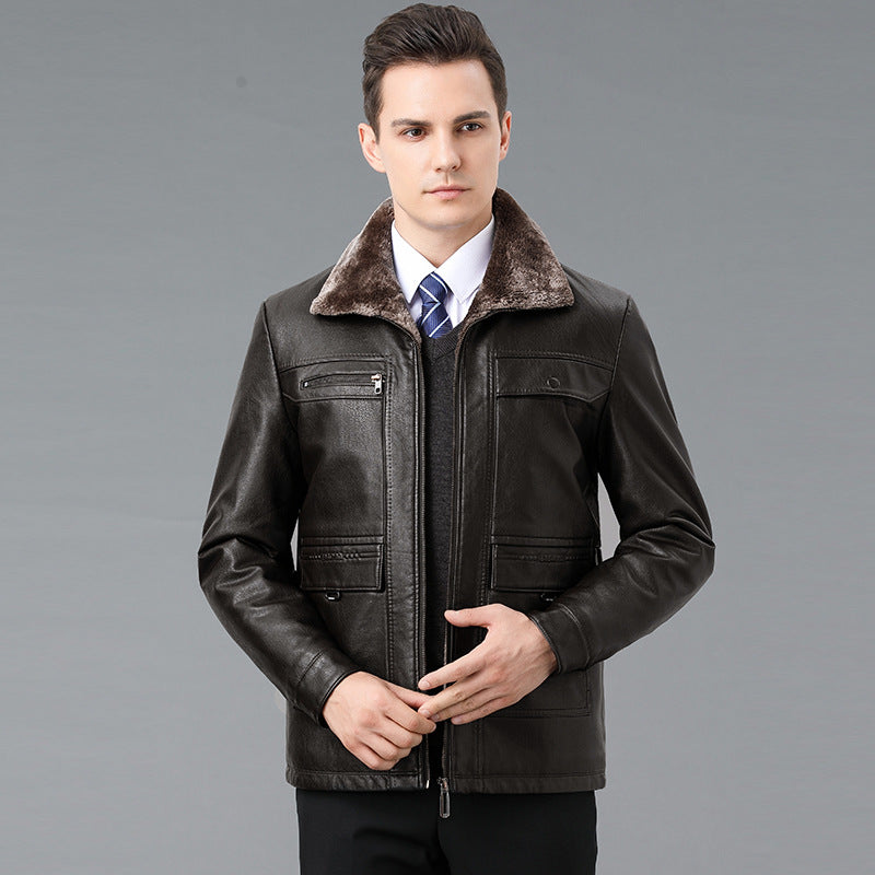 Genuine Leather And Fur One-piece Overcoat With A Lapel Lined With Fleece For Extra Warmth