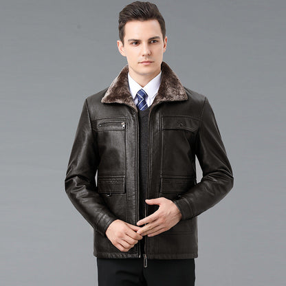 Genuine Leather And Fur One-piece Overcoat With A Lapel Lined With Fleece For Extra Warmth