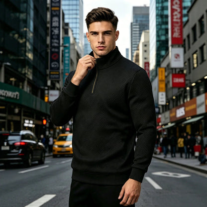Men's Half-Zip Stand-Up Collar Knit Pullover With Jacquard Texture, 2026 Autumn-Winter Leisure Long-Sleeve Hooded Jacket