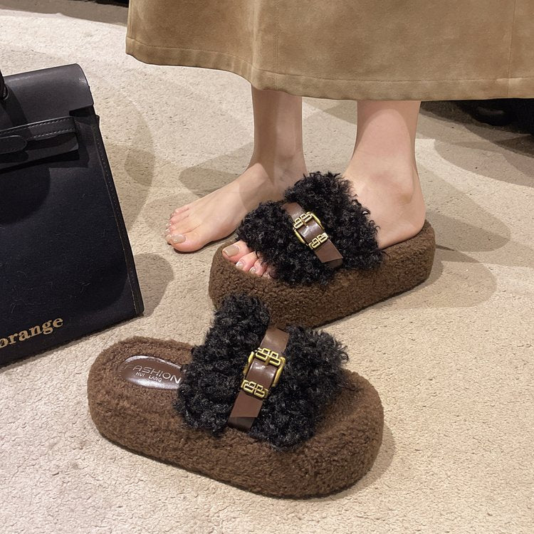 Women's Curly Fur Platform Furry Slippers, 2025 Autumn Winter New Arrival, Outdoor Korean Style Soft Sole Single Strap Cotton Slides