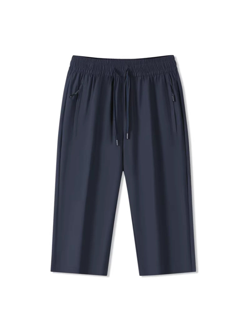 Solid Ice Silk Seven Length Casual Pants For Men Summer Cool Breathable Trousers 3 Zippered Pockets