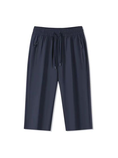 Solid Ice Silk Seven Length Casual Pants For Men Summer Cool Breathable Trousers 3 Zippered Pockets