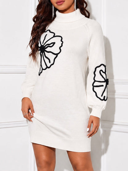 Elegant Oversied Long Sleeve Black Floral Outline Knit Dress For Autunm & Winter