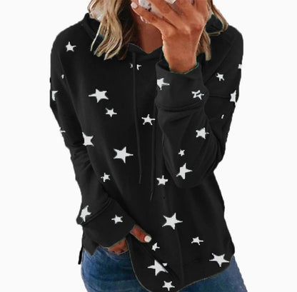 Women's Star Print Drawstring Hoodie, Long Sleeve Side Slit Casual Hooded Sweatshirt With Pockets