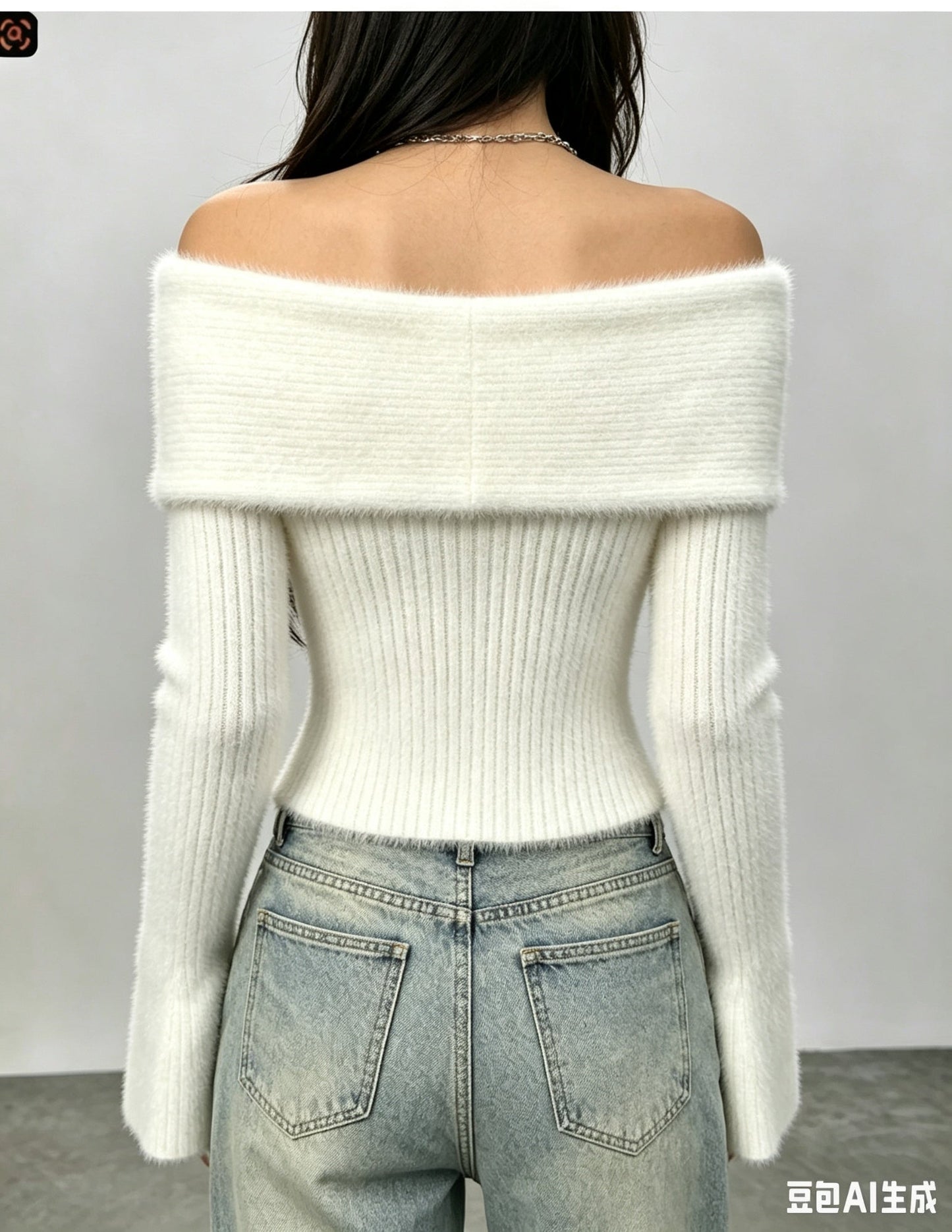 Pearl Embellished Off Shoulder Fuzzy Knit Flare Sleeve Top