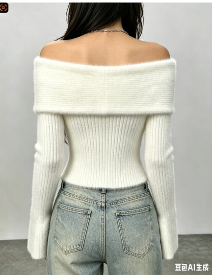 Pearl Embellished Off Shoulder Fuzzy Knit Flare Sleeve Top