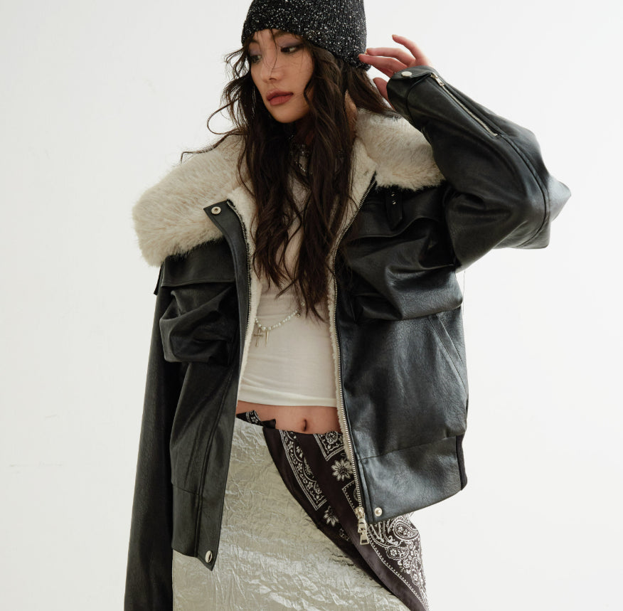 Color-blocked Relaxed-fit PU Faux Leather Black Turtleneck Jacket