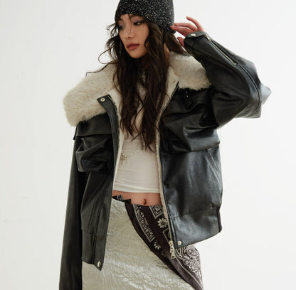 Color-blocked Relaxed-fit PU Faux Leather Black Turtleneck Jacket