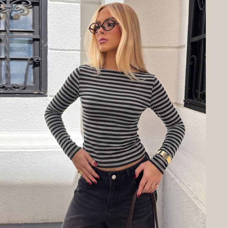 Stylish Crew-neck Long-sleeve Striped Slim-fit Top