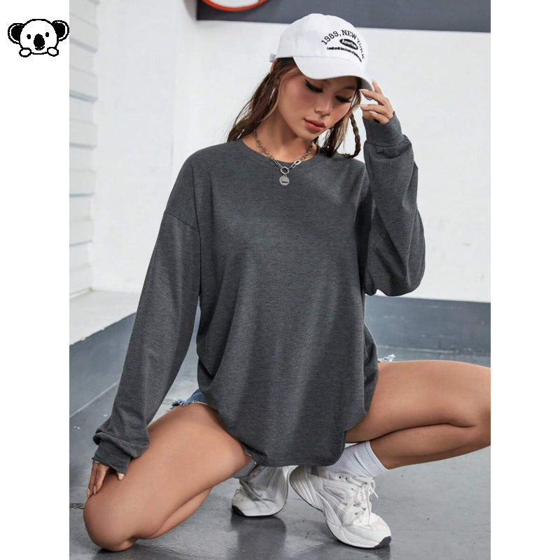 Womens Loose-Fit Solid-Color Plus-Size Long-Sleeve T-Shirt