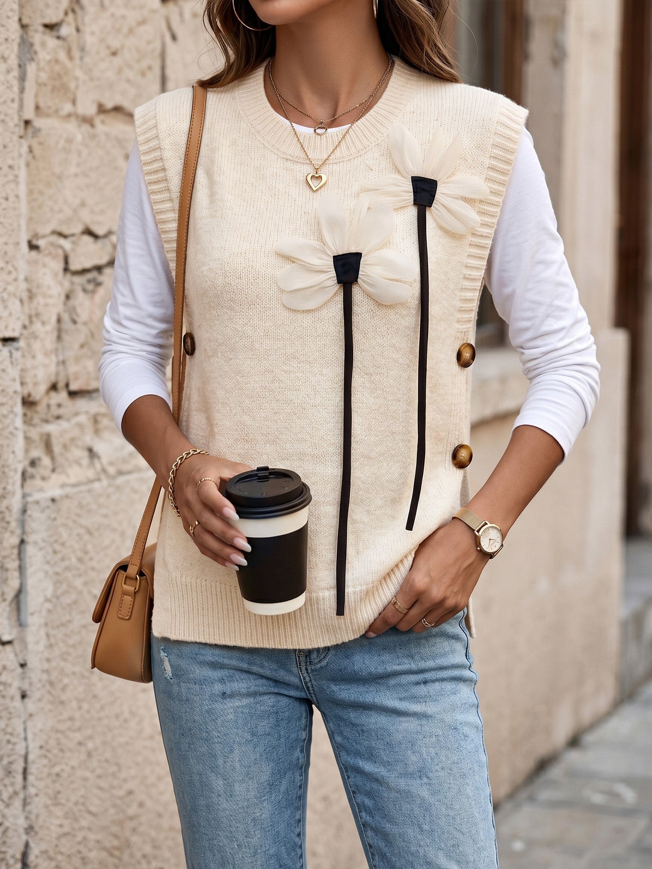 New Fallwinter Womens Knitted Patchwork Vest With A Round Neckline And Solid Color