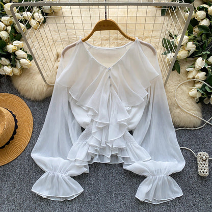 Womens Solid-color Loose-fitting Breathable Ruffled-edge Blouse