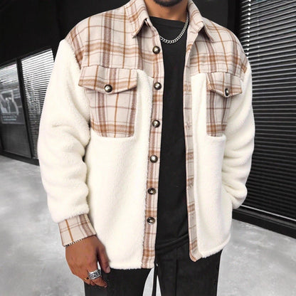 Mens Plaid Plush Patchwork Jacket Coat