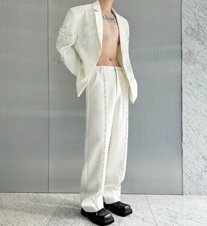 Pearl Rhinestone Shoulder Pad White Suit For Men With A Relaxed Feeling