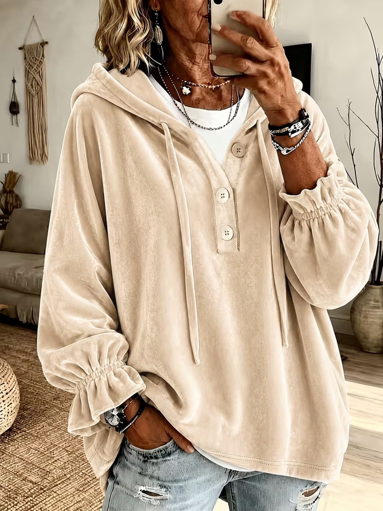 Annuo Fall Winter New Women Fashion Casual Loose Hooded Button Sweatshirt Top